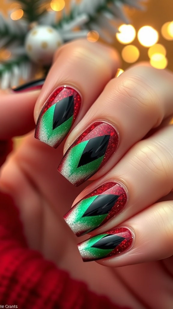 Close-up of festive cat eye nail art in red and green, decorated for Christmas.